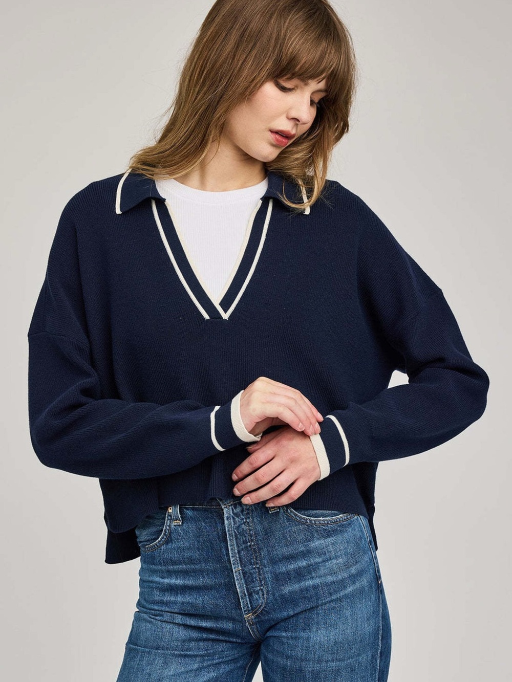 Gentle Fawn Tristan Navy V-Neck Collared Sweater with Cream Trim